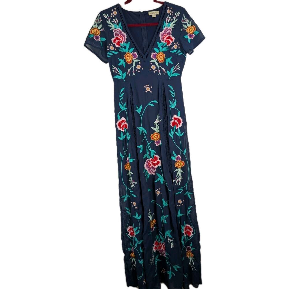 Frick And Frill Navy Floral Embroidered Sheer Lace Maxi Dress Sz 10